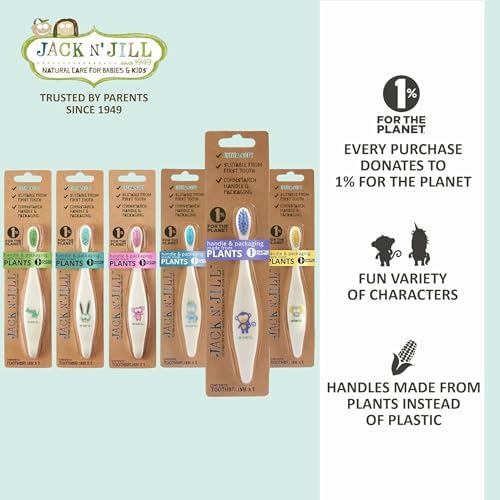 Jack N' Jill Baby & Toddler Toothbrush - 12 Months & Up, Age 2-4, Natural, Soft, Non Toxic, Cornhusk Handle, Kids Toothbrushes for Girls & Boys - Assorted Characters (4 Pack)