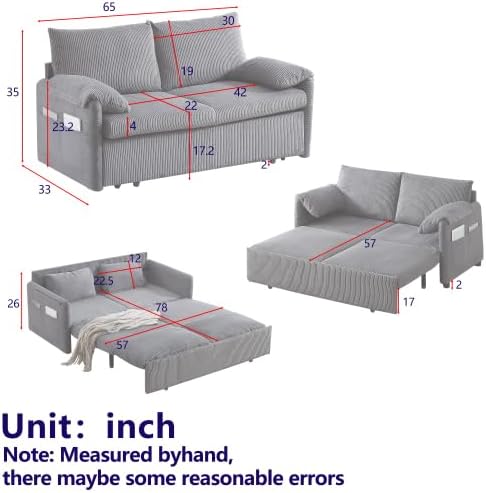 64.5" 3-in-1 Corduroy Convertible Sleeper Sofa Bed – Pull-Out Loveseat with Side Pockets & 2 Pillows