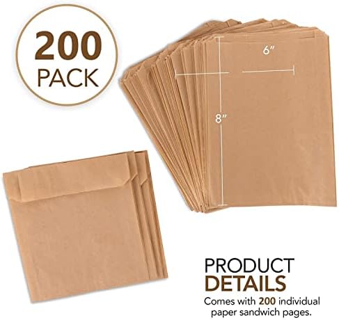 Paper Sandwich Bags Kraft Brown (200 Pack), Commercially Compostable Food Grade Unbleached Kraft Paper for Bakery, Cookies, Treats, Snacks, Sandwiches