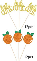 24 PCS Little Cutie Cupcake Toppers Glitter Orange Cupcake Picks for Citrus Theme Baby Shower Kids Birthday Party Cake Decorations Supplies
