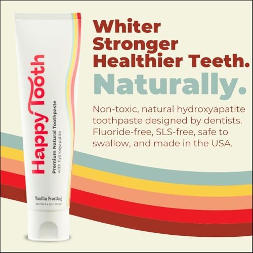 Happy Tooth Hydroxyapatite Toothpaste, Fluoride Free, Natural Whitening for Kids, Toddlers and Adults, SLS Free, Enamel Safe, Dentist Formulated with Clean Ingredients, Vanilla Frosting Flavor, 3.4oz