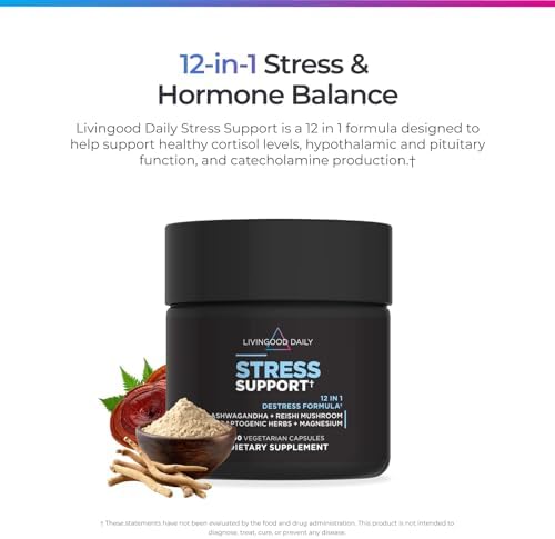 Livingood Daily Stress Support, 12-in-1 Supplement with Ashwagandha, Reishi Mushroom, Vitamin B6, Adaptogenic Herbs & Magnesium, Supports Mood & Calm, Gluten Free, Vegan, 60 Vegetarian Capsules