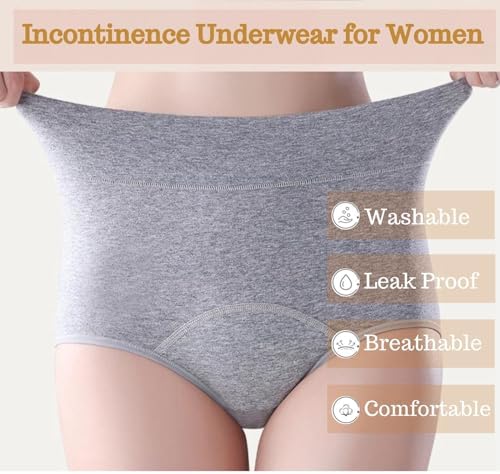 Women's Washable Incontinence Underwear 4 Pack, Leakproof Ladies Panties High Waist, Incontinence Protective Briefs for Minor Bladder Leak(L)