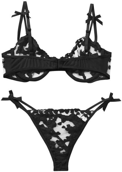 Sexy Womens Underwire Strappy Embroidered Mesh Sheer Lingerie V Neck Set See Bra 2 Piece