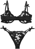 Sexy Womens Underwire Strappy Embroidered Mesh Sheer Lingerie V Neck Set See Bra 2 Piece