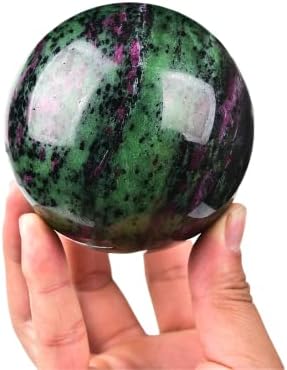 JIC Gem Natural Quartz Crystal Ball Ruby Zoisite Gemstone Sphere with Decoative Stand Red&Green Treasure Healing Crystal Ball for Meditation Grid Decor (80-90mm)