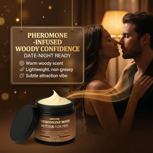 Pheromone Body Butter for Men, Woody Amber Skin Body Cream – with Shea Butter, Cocoa Butter, Coconut Oil (Woody Amber)