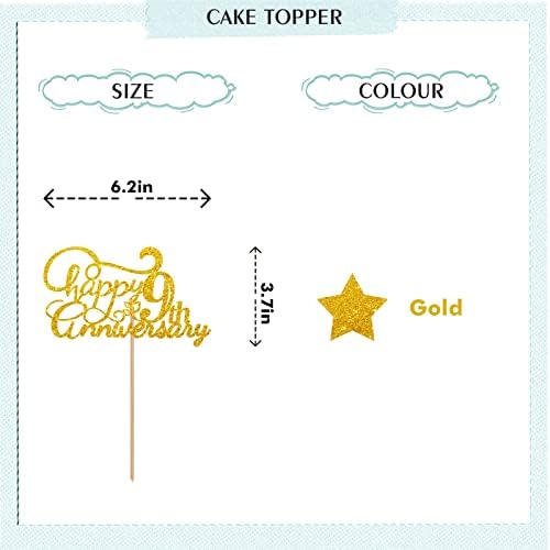 Happy 9th Anniversary Cake Topper, Cheers to 9th Years Old Birthday Cake Decor, Gold Glitter Cake Decorations for Nine Anniversary Wedding Party