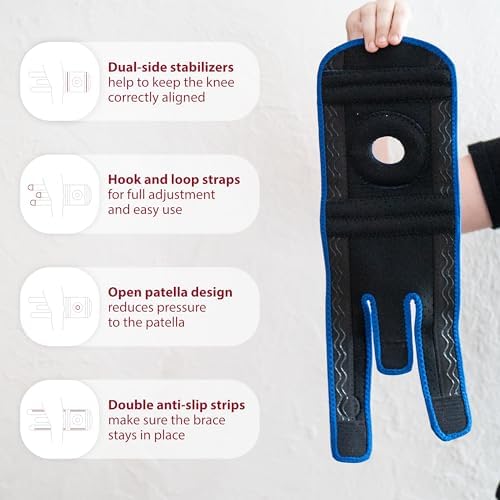 KARM Kids Knee Brace - Osgood Schlatter Knee Brace Youth for Kids, Sports, Pain, Arthritis, Patella, Meniscus Tear, MCL, ACL - Adjustable Compression Support for Child, Boys & Girls (Blue)