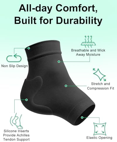 Achilles Tendon Support with Silicone Heel Protector Cushion Pad, Achilles Tendonitis Relief Sleeve Brace Compression Socks for Women Men Plantar Fasciitis, Bursitis, 1 Pair (Black, Regular)