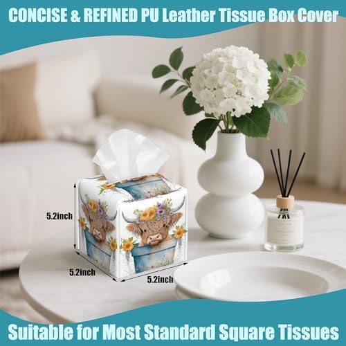 Highland Cow Garland Tissue Box Cover Square,Leather Tissue Holder with Bottom Belt,Waterproof Facial Paper Organizer Tissue Box Cover for Home Office Bathroom Vanity Countertop,5.2" x 5.2" x 5.2"