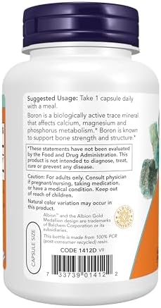 NOW Supplements, Boron 3 mg (Bororganic Glycine), Structural Support*, 250 Veg Capsules