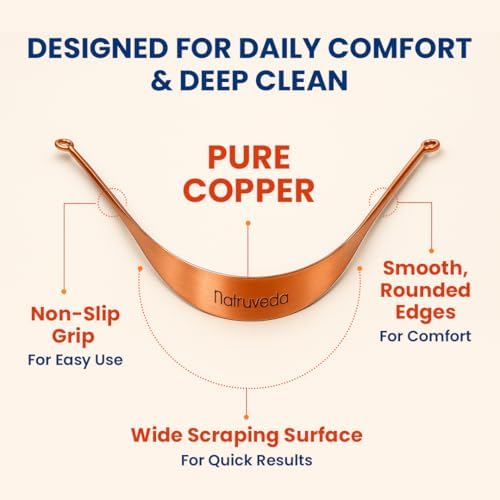 Natruveda Copper Tongue Scraper - Metal Oral Hygiene Tool for Kids, Reusable Mouth Scraper & Cleaner, Premium Copper Design, Fresher Breath & Debris Removal, Travel-Friendly, USA-Based Seller - 4-PACK