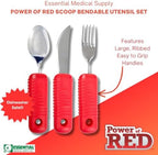 Essential Medical Supply Power of Red Adaptive Utensil Set - Bendable Fork, Spoon, and Rocker Knife with Large Soft Handles for Arthritis, Orthopedic Recover and Elderly Individuals