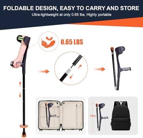 Folding Forearm Crutche for Adults - 10-Level Adjustable Telescopic, Lightweight Aluminum and TPR, Fits 55.1-74.8in Height, 0.97lbs Mobility Aid (Black)-1PC