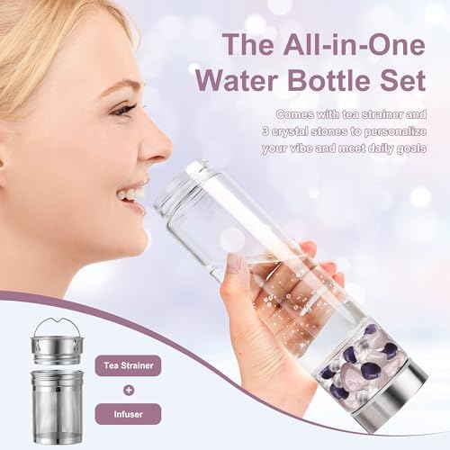 500ml Crystal Water Bottle with Removable Strainer - Includes Amethyst & Rose Quartz Stones, for Tea Lovers