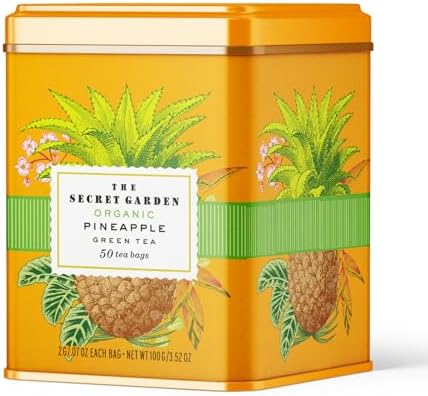 Life Plus Style Gourmet The Secret Garden Organic Pineapple Green Tea Premium Naturally Caffeinated Tropical Fruit Daily USDA Certified Green Tea Non GMO Herbal 50 Tea Bags Gift Tin Enjoy Hot or Iced