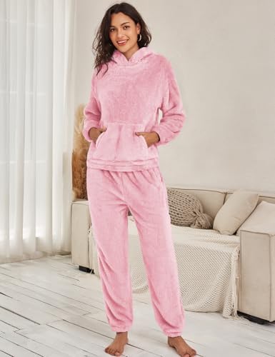 Flygo Women's Fluffy Pajamas Sets Fleece Loungewear Pullover Bear Ear Fuzzy Hoodie Plush Pants 2 Piece Sleepwear with Pockets