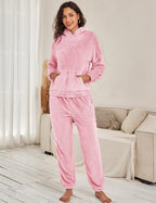 Flygo Women's Fluffy Pajamas Sets Fleece Loungewear Pullover Bear Ear Fuzzy Hoodie Plush Pants 2 Piece Sleepwear with Pockets
