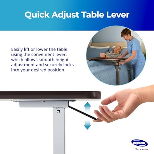 Invacare Bed Table, Height Adjustable Overbed Table, Hospital Bedside Table, Medical Rolling Desk with Wheels, Waterproof Medical and Home Use L-Shaped Steel Base Over Bed Tray Table