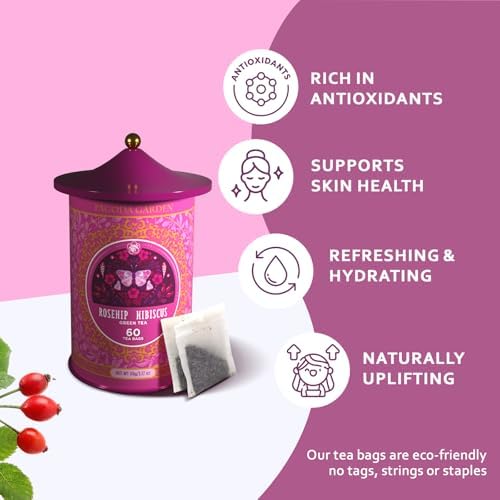 Life Plus Style Gourmet Pagoda Garden Rosehip Hibiscus Green Tea Herbal Tea Caffeinated Hot or Iced Natural Ceylon 60 Tea Bags