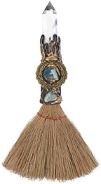 RENEMEGO Witch Crystal Altar Broom - Natural Crystal Magic Broom for Wiccan Décor Halloween Costume Handmade 8 Inches Mini Witches Broomstick with White Crystal Stone for Cleansing Healing Feng Shui