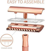 Bambaw Double Edge Safety Razor with Stand, Women Razor with 5 Double Edge Safety Razor Blades, Plastic Free Metal Razor – Rose Gold