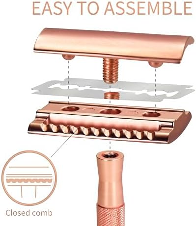 Bambaw Double Edge Safety Razor with Stand, Women Razor with 5 Double Edge Safety Razor Blades, Plastic Free Metal Razor – Rose Gold