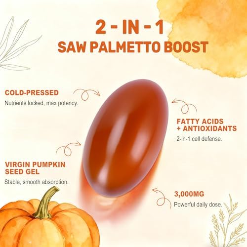 Pumpkin Seed Oil with Saw Palmetto Capsules, 3000mg/serving, 300 Softgels | Cold Pressed, Pure Virgin Oil, Essential Fatty Acids & Phytosterols | Supports Hair, Urinary, Bladder & Prostate Health