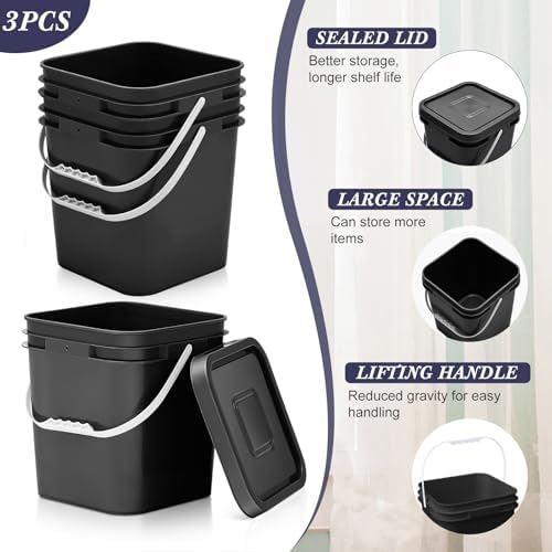 Mumufy 3 Pcs 3.5 Gallon Square Food Grade Bucket with Lid Square Bucket Pail Plastic Handles for Long Term Food Storage, Camping, Fishing, Home Organization Easy Stack and Store (Black)