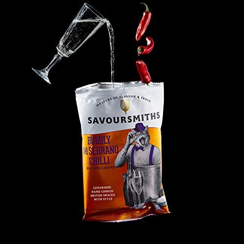 SAVOURSMITHS Hand Cooked Potato Chips, Bubbly & Serrano Chili, 5.29 Oz (6 Count), Gluten Free, Vegan, Non Gmo, All Natural, Luxurious British Style Chips with Style