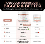Bulk (20g) Rose Gold Luster Dust Edible Glitter for Cocktails | Premium Edible Rose Gold Luster Dust for Cake Decorations - Pink Edible Glitter for Drinks Cupcakes Cookies Cakes Food Paint