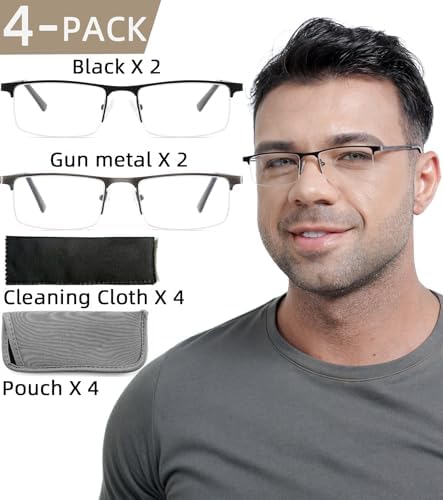 4-Pack Reading Glasses for Men,2.0 Blue Light Blocking Reading Glasses Mens Metal Readers with Spring Hinges Anti Glare/eye Strain