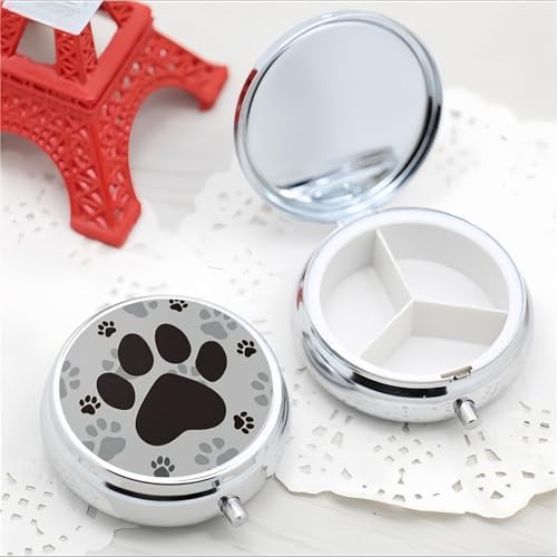 Pill Box 3 Compartment Pocket Small Pill Organizer Mini Metal Pill Holder Travel Portable for Man Woman Old People and Children - Dog Footprints