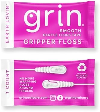 GRIN Gripper Floss, Individually Wrapped Smooth Dental Floss, 60 Count, Minty Flavor, Recyclable Packaging, Gentle Floss Tape, Finger Grips with Safe Fold Back Pick, No Shredding or Breaking