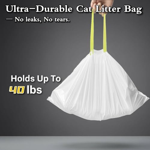 60 Pack 37"x18"Cat Litter Bags – No-Tear, Easy-Pull 3MIL Leakproof Jumbo Litter Box Liners, Heavy Duty Drawstring, Boxed Packaging, Odor Control Kitty Litter Bags with Adjustable Elastic Band