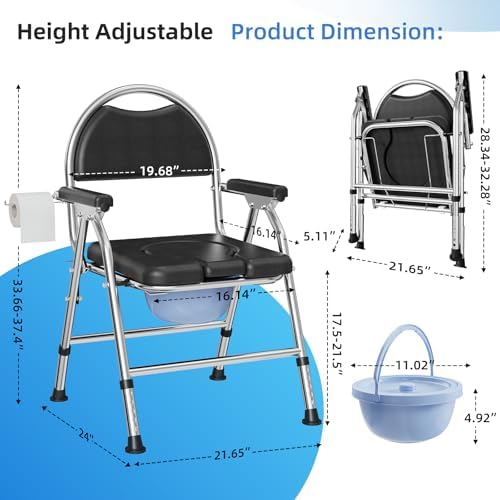 Folding Bedside Commode Chair for Elderly with Adjustable Height, Toilet Seat with Arms Handles and Back Support, Adults Potty Chair with Paper Roll Holder for Seniors, Disabled, and Pregnant (Black)