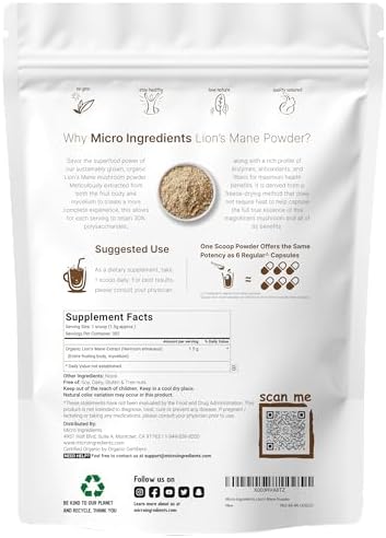 Micro Ingredients Organic Lion’s Mane Mushroom Powder, 16oz | Pure Fruiting Body Superfood | Supports Brain, Focus, Energy & Immune Health | Great for Smoothies & Coffee | Filler Free, Vegan, Non-GMO