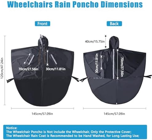 300D Wheelchair Poncho Rain Cape Cover for Adults with Semi-Transparent Hood and Waterproof Zipper