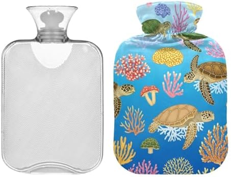 Sea Turtles Coral Gradient Blue Hot Water Bottle with Soft Cover Feet and Bed Warmer Warm Water Heat Bottles for Menstrual Cramps Pain Relief Small