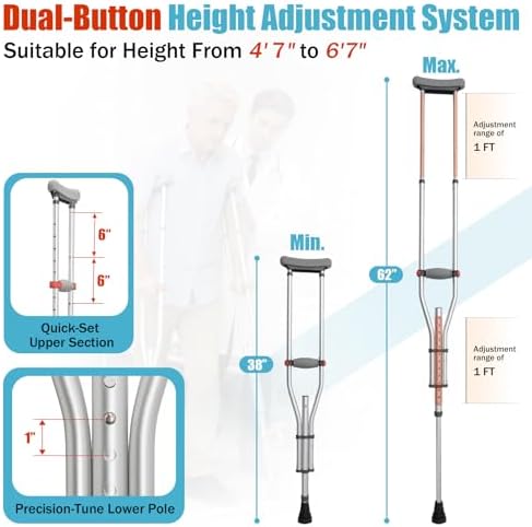 Aluminum Alloy Crutches for Adults, Pair of Height Adjustable Crutch (Fits 4'7" - 6'7"), Universal & Lightweight Crutches for Kids, Includes Padded Underarm Cushions, Rubber Tips, 300 lbs Capacity