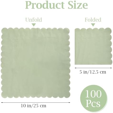 100 Pcs Cocktail Napkins, 2-Ply 5 x 5 Inches Disposable Scalloped Napkins, Thick Premium Dessert Napkins for Party, Wedding, Dinner, Birthday, Anniversary, Festival (Sage Green)