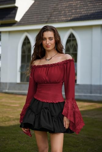 Scarlet Darkness Renaissance Shirt Women Bell Sleeve Off The Shoulder Pirate Blouse Peasant Dressy Top