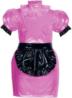 French Roleplay Maid Outfit Puffed Sleeve Slim PVC Leather Mini Dress Women Cosplay Lingerie Waitress Uniform
