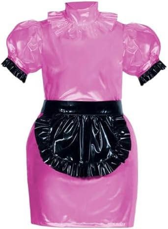 French Roleplay Maid Outfit Puffed Sleeve Slim PVC Leather Mini Dress Women Cosplay Lingerie Waitress Uniform