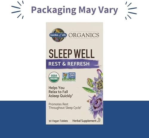 Garden of Life Organics Sleep Well Rest & Refresh Tablets with Lemon Balm, Green Tea Extract, Chamomile & Probiotics – Support for Restful Sleep & Relaxation, Non-GMO, Gluten-Free, Vegan, 30 Tablets