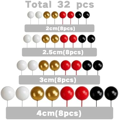 32 Pcs Balls Cake Topper Decorations, Balloon Cupcake Toppers, Cake Balls Decorations for Birthday Wedding Anniversary Party Supplies (Black, Red, Gold)