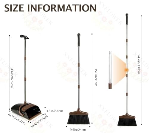Broom and Dustpan Set with Long Handle, Light Weight Stainless Steel Poles Stand Upright Dustpans with Broom Combo for Home Kitchen Office Pet Dog Hair, 1-Pack (Black Brown)