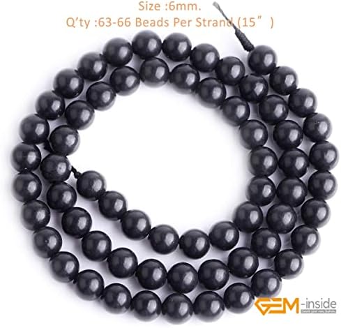 GEM-Inside 6mm Natural Black Russian Shungite Polished Round Stone Chakra Beads for Jewelry Making Full 15" Strand Power Energy Healing Stone