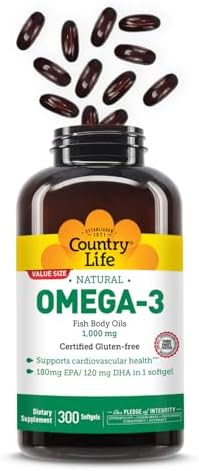 Country Life Omega-3 Fish Oil Supplement, 1000mg, 180mg EPA & 120mg DHA, Fish Oil Concentrate, Burpless, 300 Softgels, Certified Gluten Free